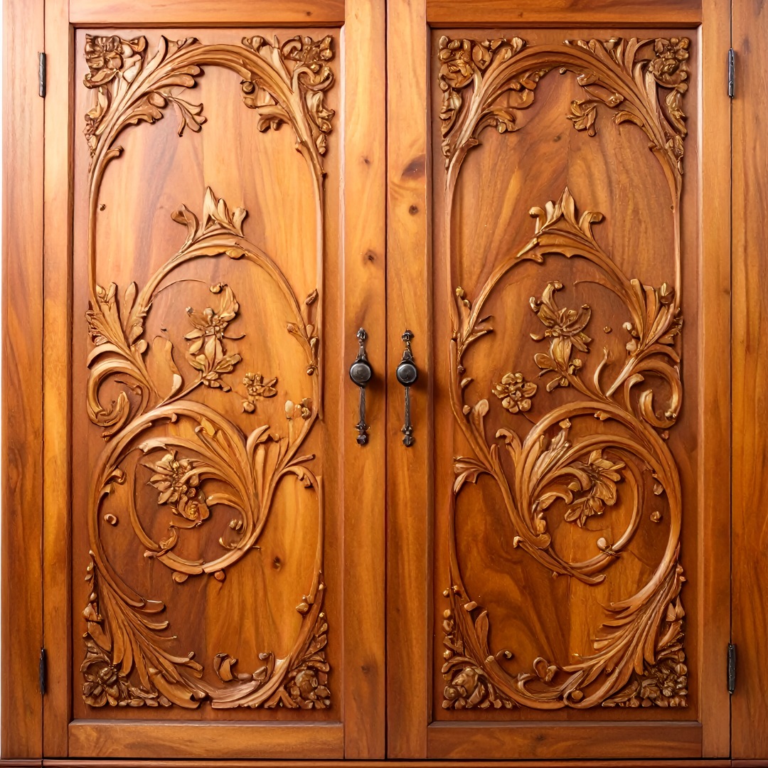 custom rustic carved cabinets details